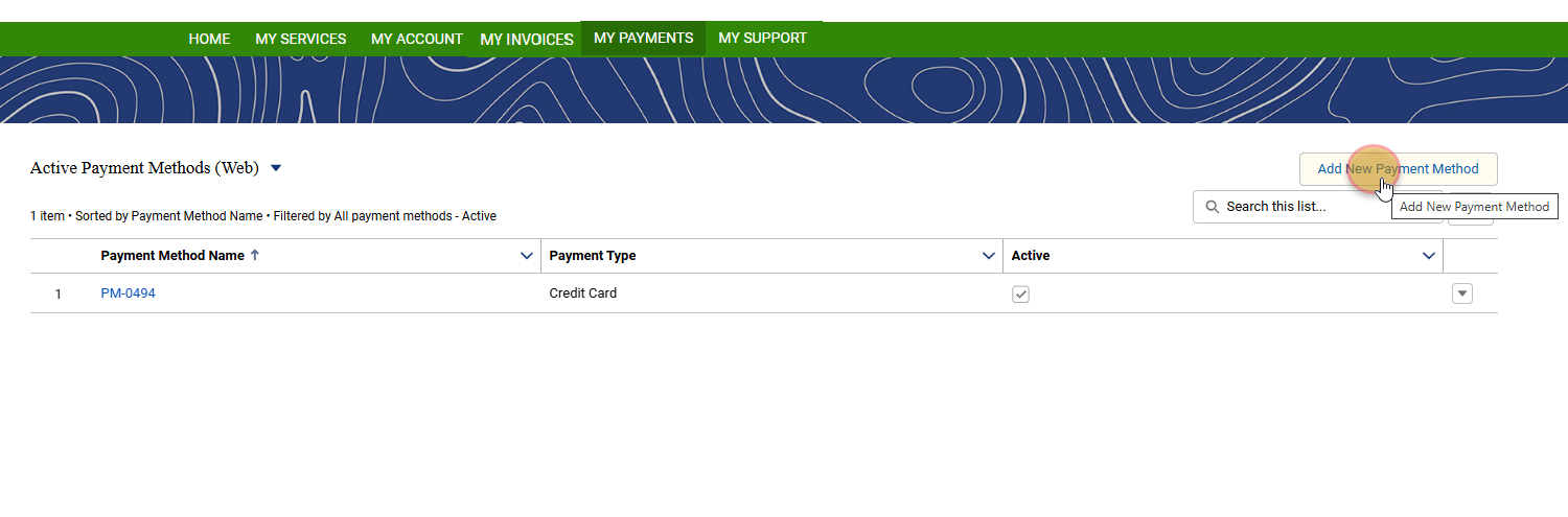 Customer Portal My Payments screen showing "Add New Payment Method" option